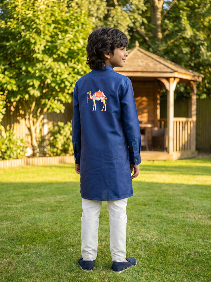 Navy Blue Linen Satin Side-Open Camel Printed Kurta with Off-White Aligarhi Pants for Boys