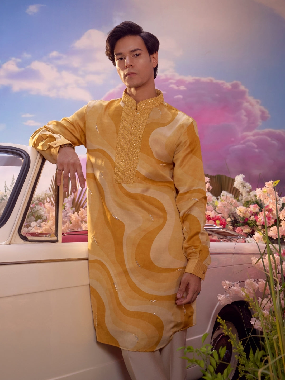 Mustard Linen Satin Embroidered Kurta Set Carnival Collection - KORANM