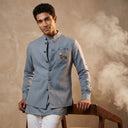 Blue Linen Bandi Shirt with Animal Design Embroidery - KORANM
