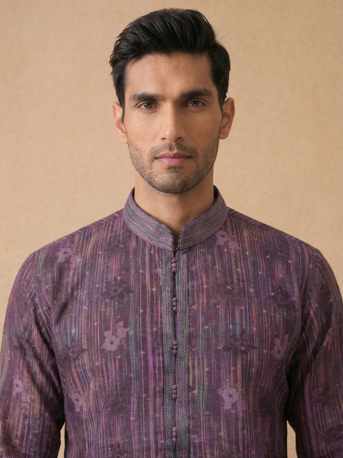 Purple Silk Kurta Set with White Aligarhi – Abstract Printed Ethnic Wear - KORANM