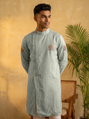 Sky Blue Linen Royal Elephant Printed Kurta Set with White Aligarhi Bottoms