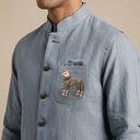 Blue Linen Bandi Shirt with Animal Design Embroidery - KORANM