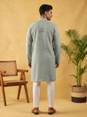 Sky Blue Linen Royal Elephant Printed Kurta Set with White Aligarhi Bottoms