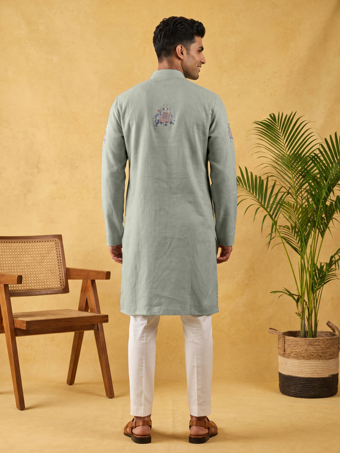 Sky Blue Linen Royal Elephant Printed Kurta Set with White Aligarhi Bottoms - KORANM