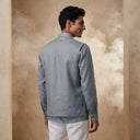 Blue Linen Bandi Shirt with Animal Design Embroidery - KORANM