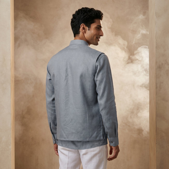 Blue Linen Bandi Shirt with Animal Design Embroidery - KORANM