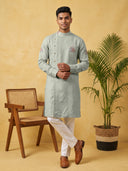 Sky Blue Linen Royal Elephant Printed Kurta Set with White Aligarhi Bottoms