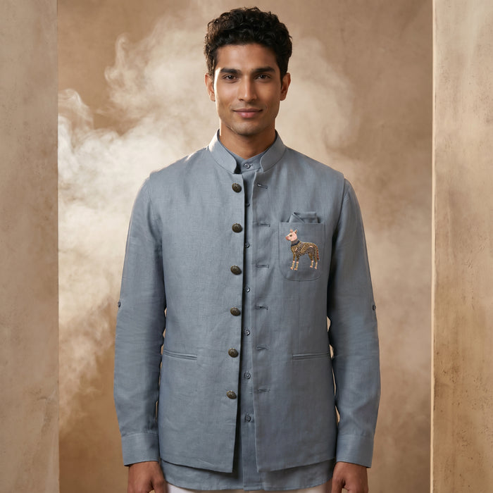Blue Linen Bandi Shirt with Animal Design Embroidery - KORANM