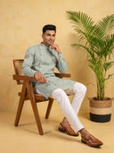 Sky Blue Linen Royal Elephant Printed Kurta Set with White Aligarhi Bottoms