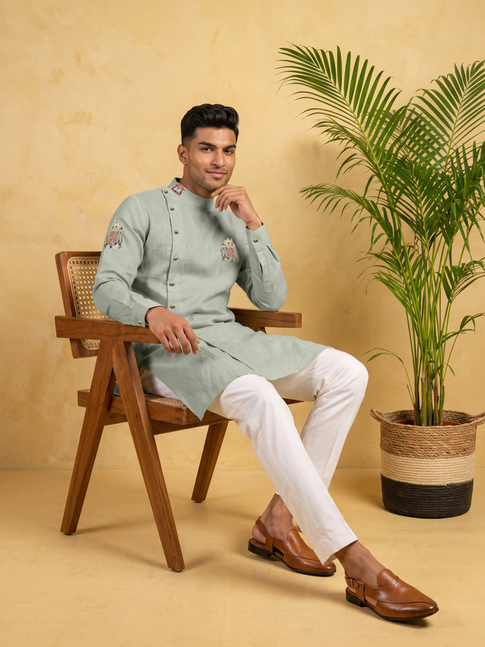 Sky Blue Linen Royal Elephant Printed Kurta Set with White Aligarhi Bottoms - KORANM