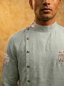 Sky Blue Linen Royal Elephant Printed Kurta Set with White Aligarhi Bottoms