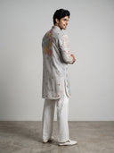 Grey Satin Linen Floral Printed Kurta Set with White Palazzo for Men