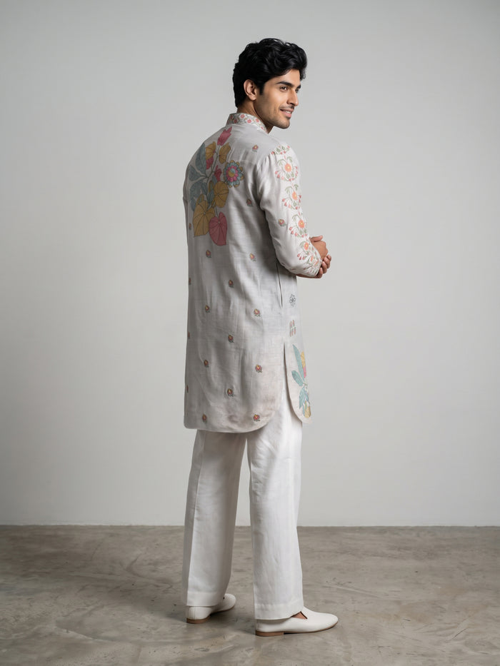 Grey Satin Linen Floral Printed Kurta Set with White Palazzo for Men - KORANM
