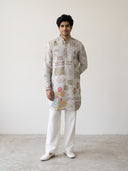 Grey Satin Linen Floral Printed Kurta Set with White Palazzo for Men