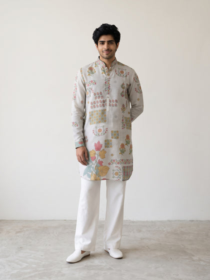Grey Satin Linen Floral Printed Kurta Set with White Palazzo for Men