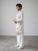 Grey Satin Linen Floral Printed Kurta Set with White Palazzo for Men