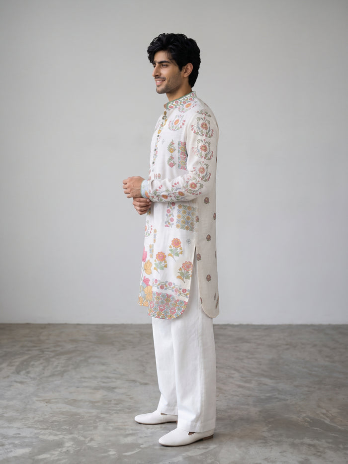 Grey Satin Linen Floral Printed Kurta Set with White Palazzo for Men - KORANM