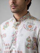 Grey Satin Linen Floral Printed Kurta Set with White Palazzo for Men