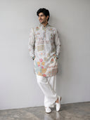 Grey Satin Linen Floral Printed Kurta Set with White Palazzo for Men