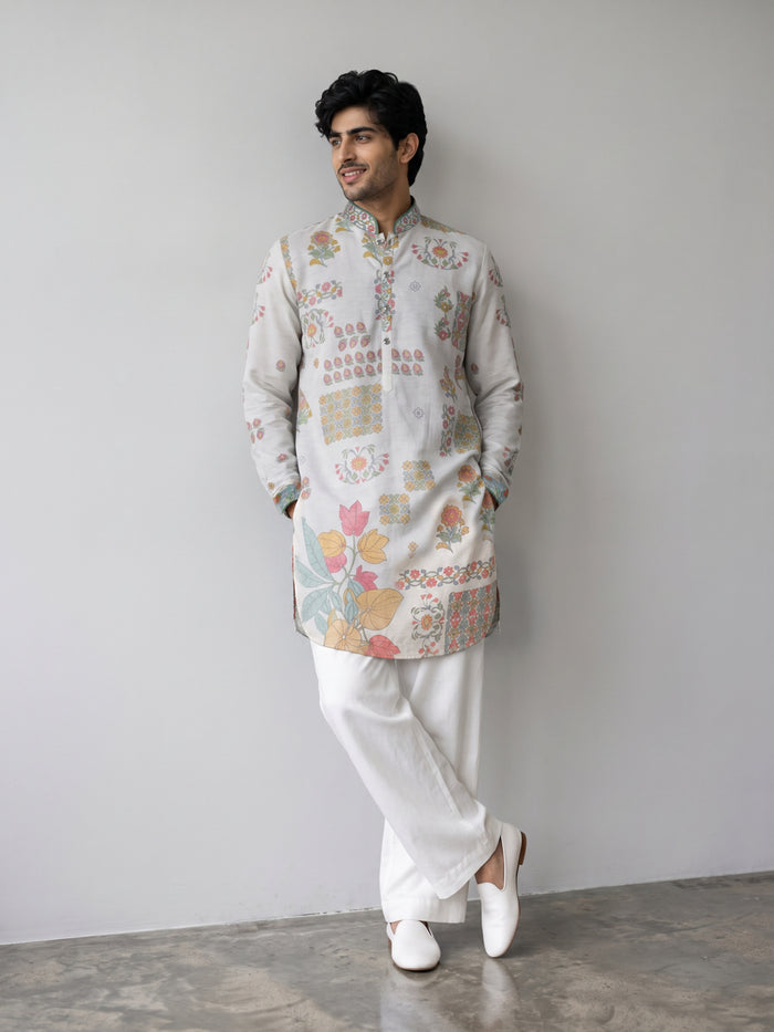 Grey Satin Linen Floral Printed Kurta Set with White Palazzo for Men - KORANM