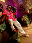 Pink Satin Linen Printed & Embroidered Kurta Set with Off White Palazzo Pant