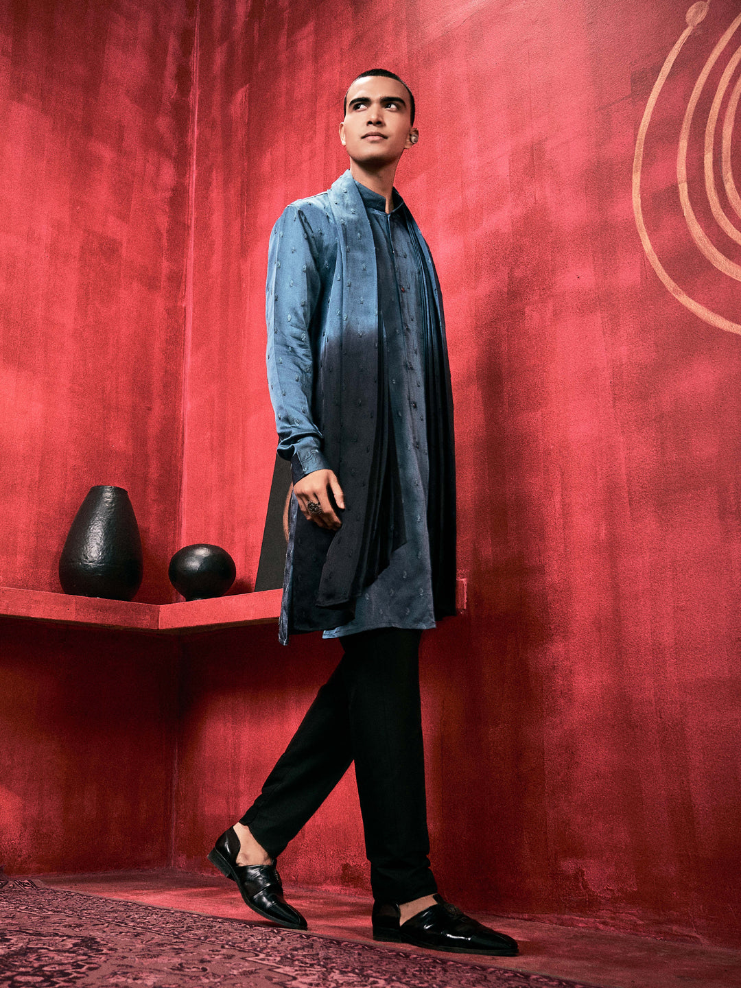 Feal Blue-Black Ombre Kurta Set With Attached Dupatta and Aligadi Pants