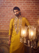 Mustard Silk Kurta Set with white aligarhi