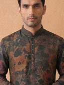 Rust Silk Kurta Set with Antique Gold Aligarhi – Floral Ethnic Wear for Men - KORANM