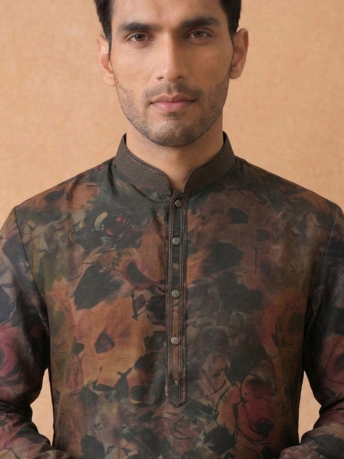 Rust Silk Kurta Set with Antique Gold Aligarhi – Floral Ethnic Wear for Men - KORANM