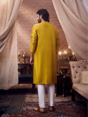 Mustard Silk Kurta Set with white aligarhi