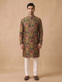 Green Jacquard Silk Kurta Set with White Aligarhi for Men – Ethnic Wear - KORANM