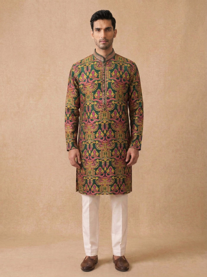 Green Jacquard Silk Kurta Set with White Aligarhi for Men – Ethnic Wear - KORANM