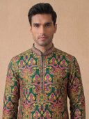 Green Jacquard Silk Kurta Set with White Aligarhi for Men – Ethnic Wear - KORANM
