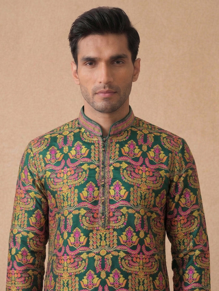 Green Jacquard Silk Kurta Set with White Aligarhi for Men – Ethnic Wear - KORANM