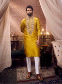 Mustard Silk Kurta Set with white aligarhi