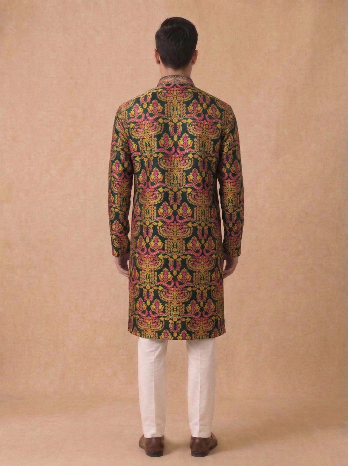 Green Jacquard Silk Kurta Set with White Aligarhi for Men – Ethnic Wear - KORANM