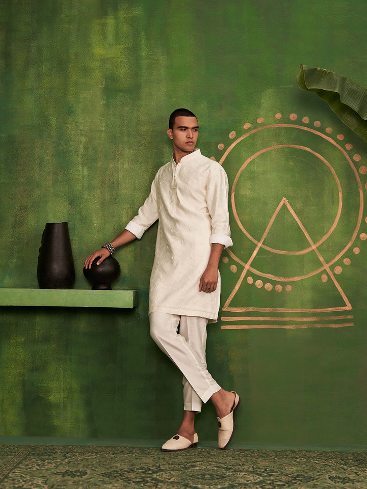 Cream Kurta Set With Hand Embroidered and Aligadi Pants
