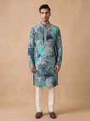Blue Silk Kurta Set with White Aligarhi for Men – Abstract Ethnic Wear - KORANM