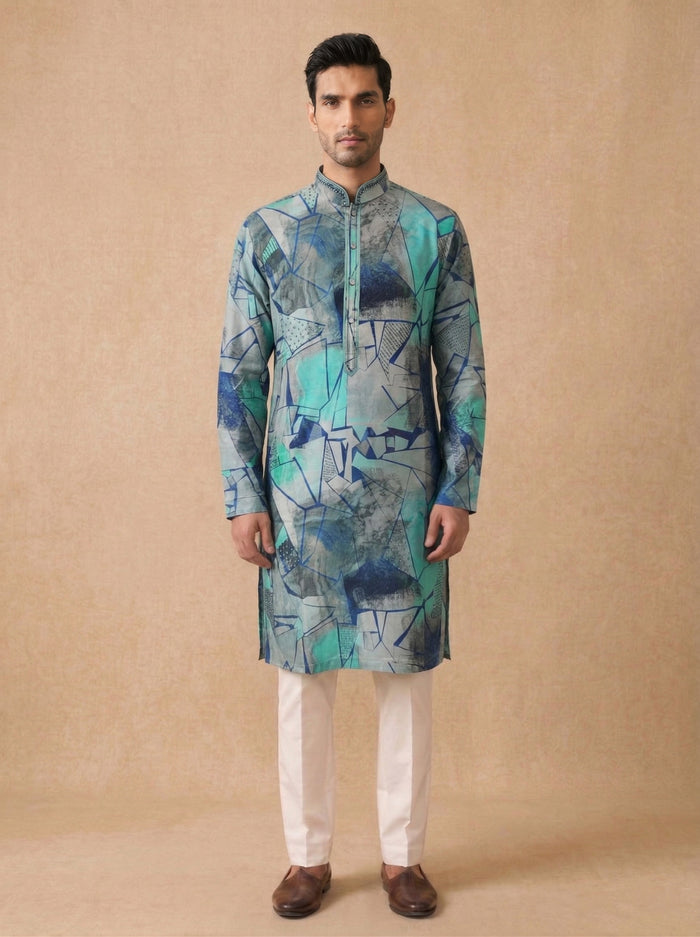 Blue Silk Kurta Set with White Aligarhi for Men – Abstract Ethnic Wear - KORANM