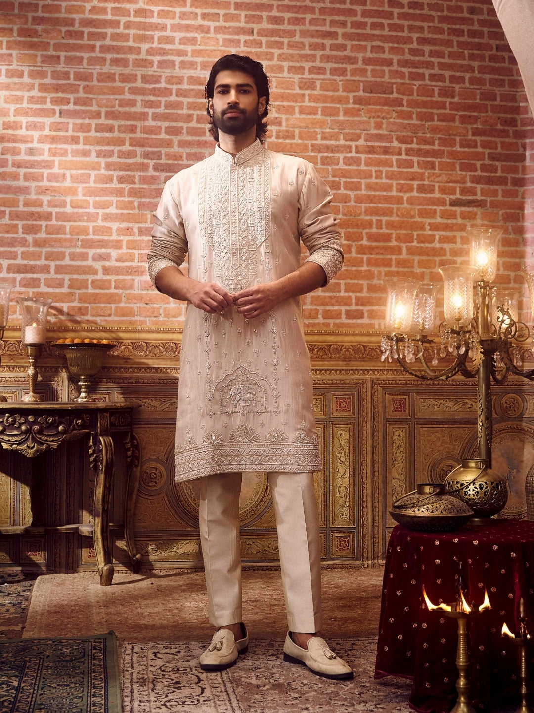 Elegant Fawn Tissue Silk Kurta Set - KORANM