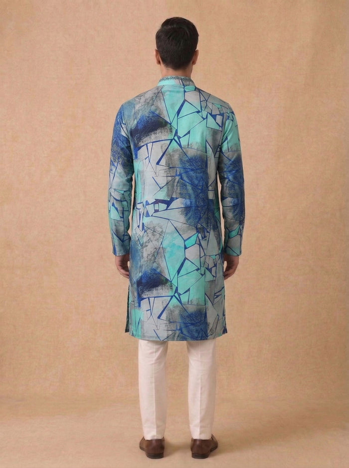 Blue Silk Kurta Set with White Aligarhi for Men – Abstract Ethnic Wear - KORANM