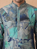 Blue Silk Kurta Set with White Aligarhi for Men – Abstract Ethnic Wear - KORANM