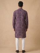 Purple Silk Kurta Set with White Aligarhi – Abstract Printed Ethnic Wear