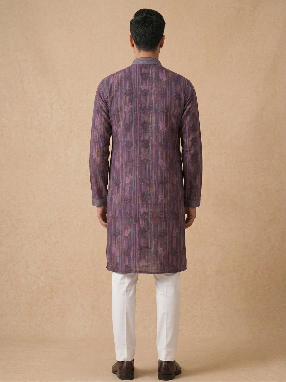 Purple Silk Kurta Set with White Aligarhi – Abstract Printed Ethnic Wear - KORANM