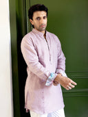 Lilac Linen Embroidered Kurta with White Aligarhi Palazzo Pant for Men