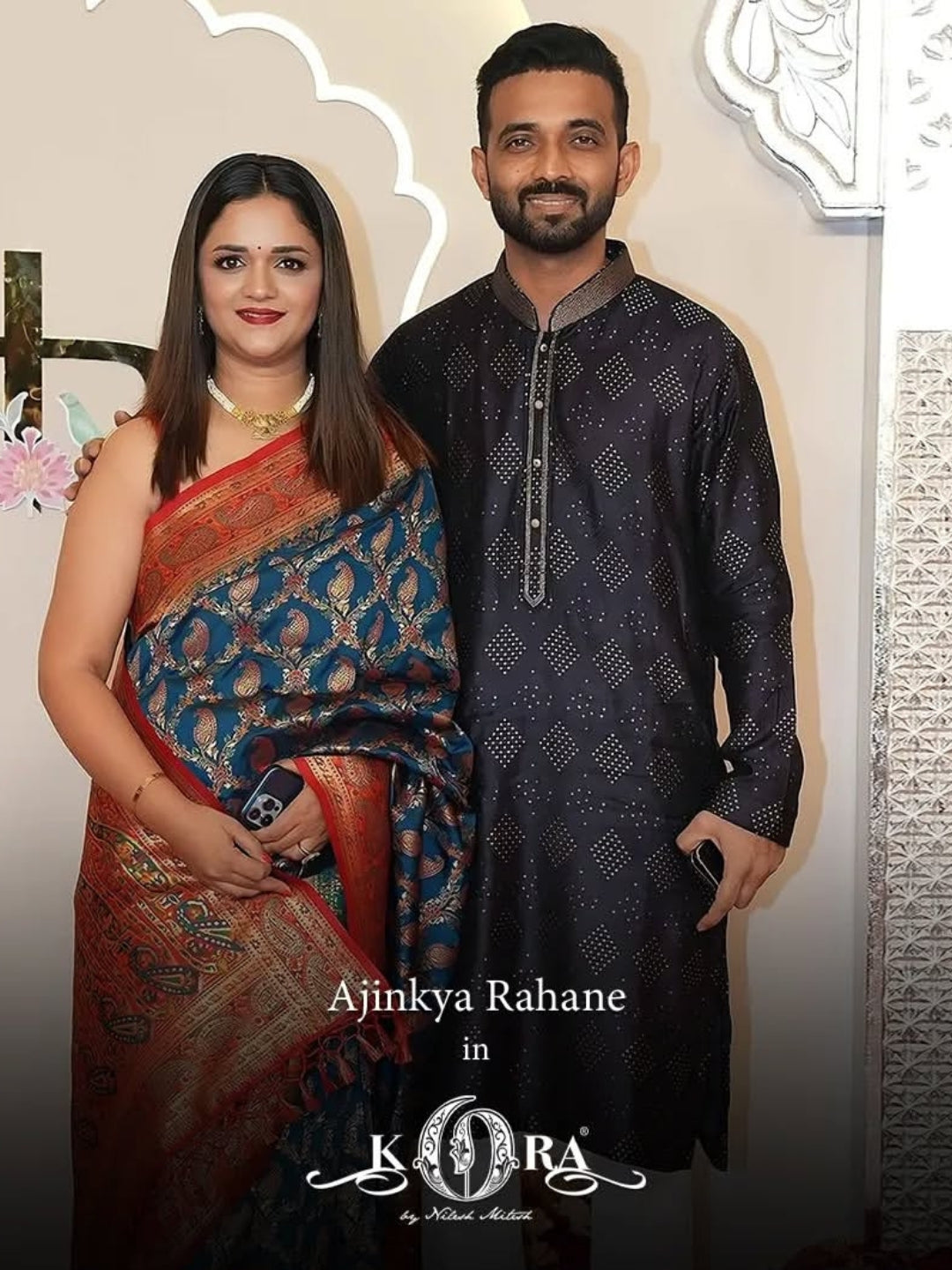 Cricketer Ajinkya Rahane redefines elegance in our navy jacquard printed kurta with churidar. - KORANM