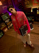 Pink Satin Linen Printed & Embroidered Kurta Set with Off White Palazzo Pant
