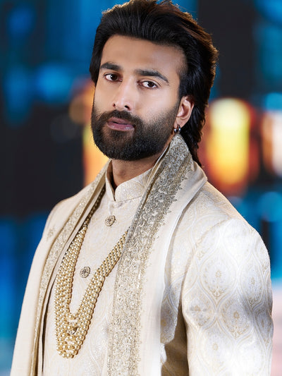 Royal Gold Tussar Silk Embroidered Sherwani Set with Cream Aligarhi | Worn by Meezaan Jafri | Kora by Nilesh Mitesh - KORANM