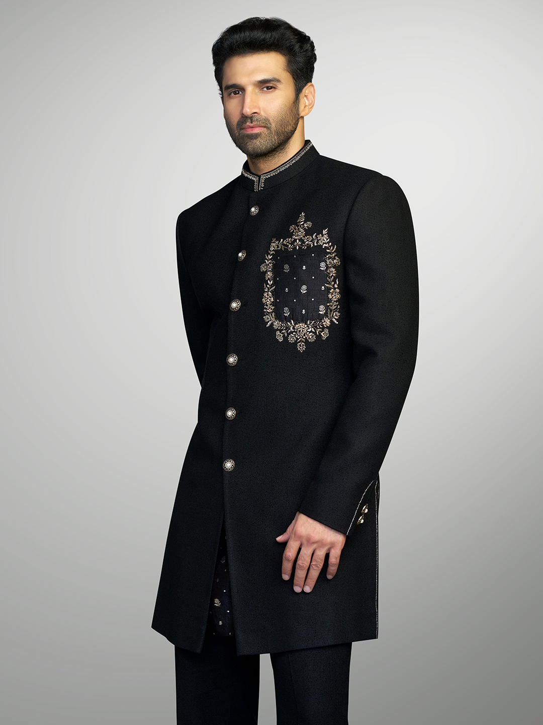 Black Embroidered Matka Silk Sherwani Set – Aditya Roy Kapur Collection