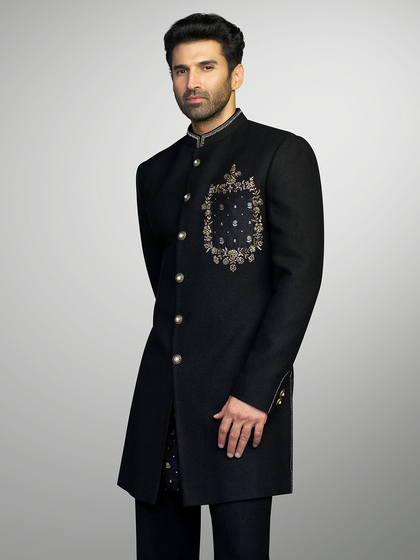Black Embroidered Matka Silk Sherwani Set – Aditya Roy Kapur Collection